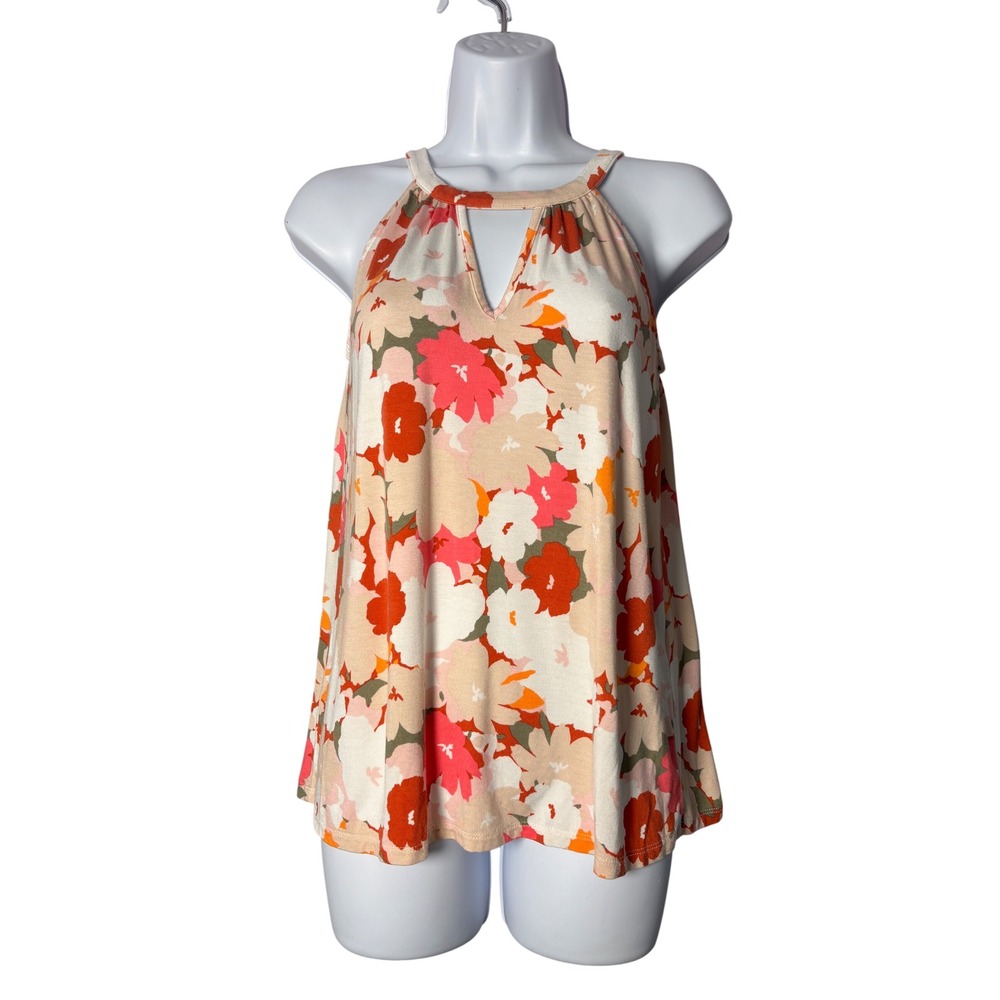 Market & Spruce Womens Halter Top XS Petite Orange Floral Keyhole Boho Summer